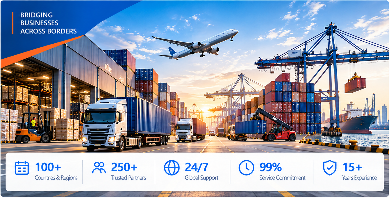 Integrated international logistics network including warehousing, road transport, air freight and port operations