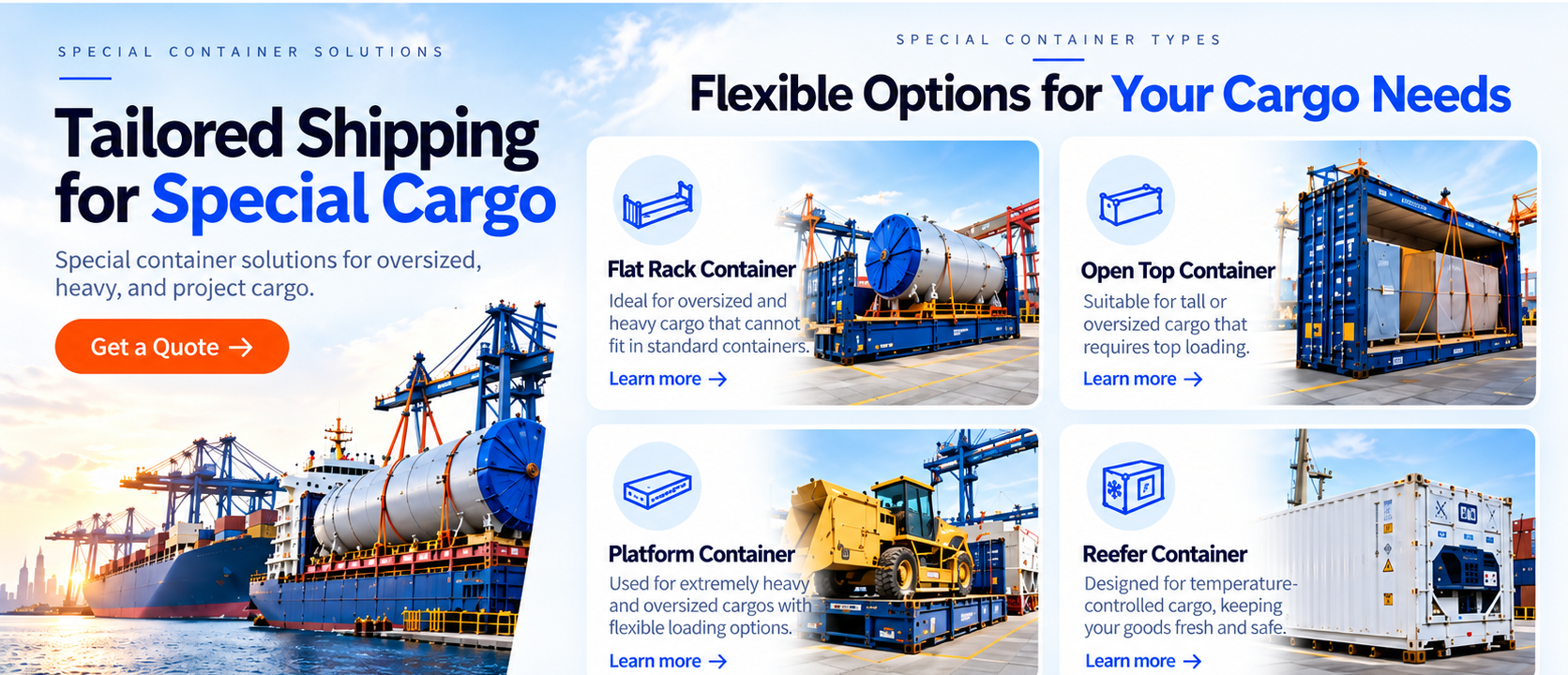 Special container solutions for flat rack, open top, platform and reefer cargo